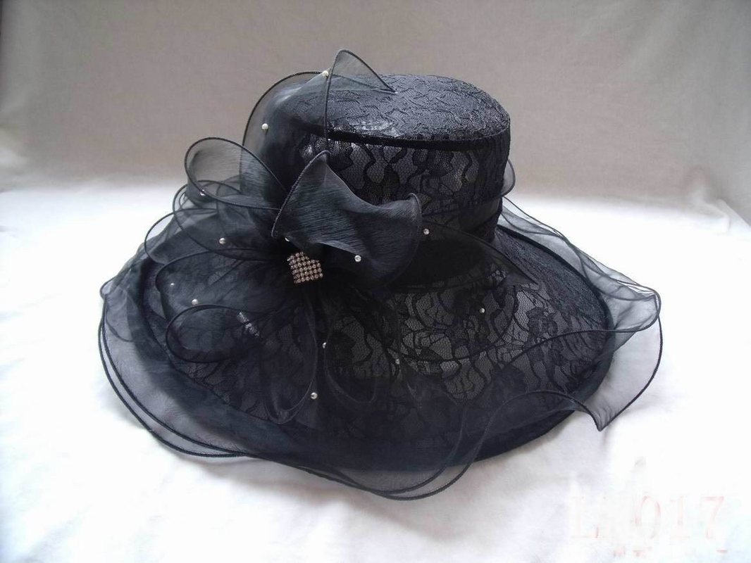 Black Ladies Church Organza Hat With Lace Fabric, Pearl Buckle For Party, Special Occasion