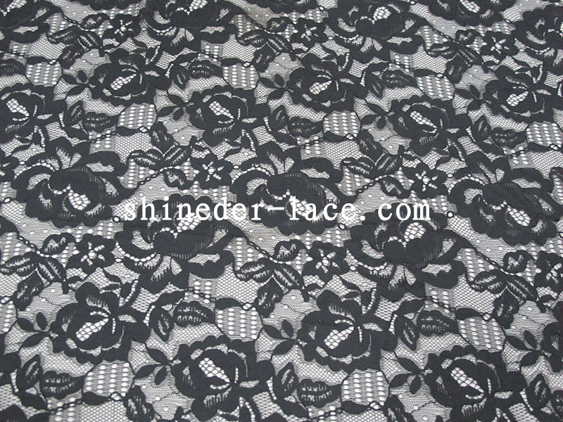 Black Cotton Nylon Lace Fabric Soft Handfeel Unique Flower Design SYD-0177