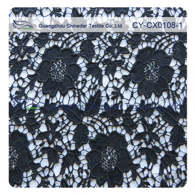 White / Black Color Nylon Cotton Floral Dress Fabric , Embroidered Lace