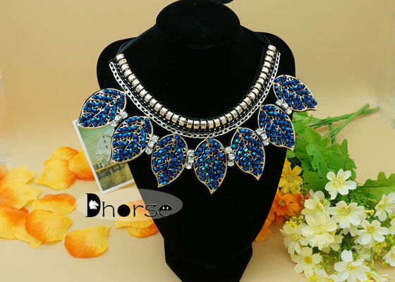 Leaf shape Blue Crystal Beads Collar Beaded Necklace With Rhinestones