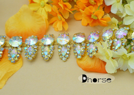 Custom Colorful Rhinestone Chain Trimming With Gold Metal For Dresses