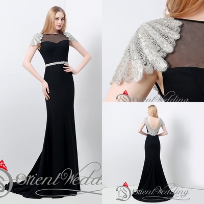 Sexy Hollow Cap Sleeve Womens Long Black Evening Dresses