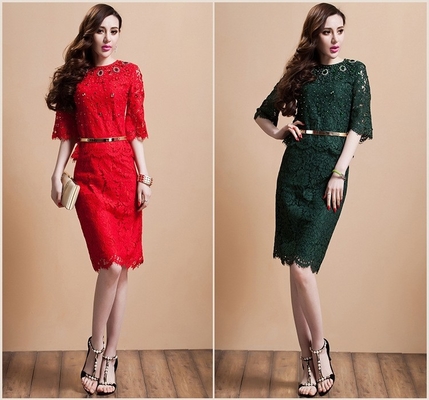 Neck Metal Belt Diamond two piece prom dresses Beaded Lace Skirt , Red / black