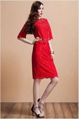 Neck Metal Belt Diamond two piece prom dresses Beaded Lace Skirt , Red / black