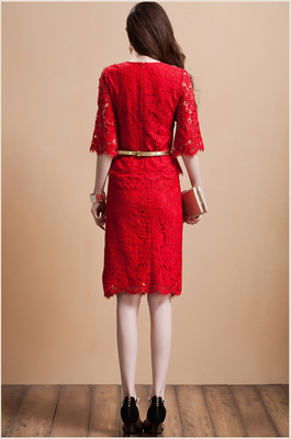 Neck Metal Belt Diamond two piece prom dresses Beaded Lace Skirt , Red / black