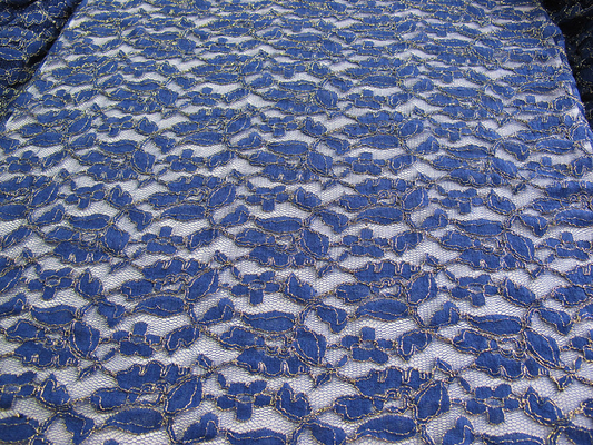 Royal Blue Cotton Nylon Gold Metallic Crochet Lace Fabric By The Yard