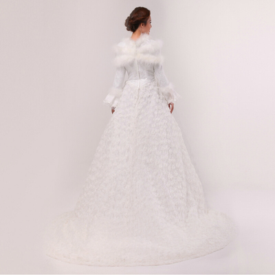 Chapel Train Lace Embroidered White Cotton Wedding Dresses with handmade rose