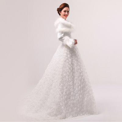 Chapel Train Lace Embroidered White Cotton Wedding Dresses with handmade rose