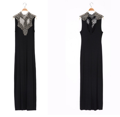 Lace Ruffle Neck Sleeveless Sexy Womens Cocktail Dresses  Ankle Length