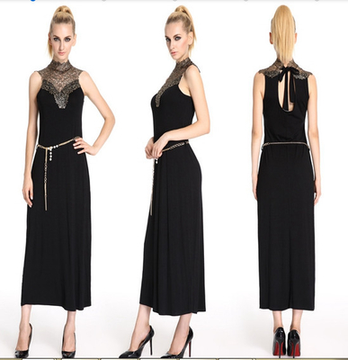 Lace Ruffle Neck Sleeveless Sexy Womens Cocktail Dresses  Ankle Length