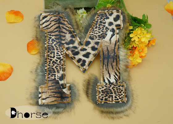Letter M Brown Leopard Printing Beaded Trim Applique For Clothing