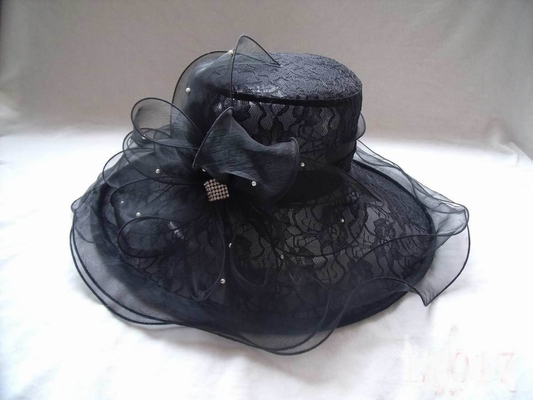 Black Ladies Church Organza Hat With Lace Fabric, Pearl Buckle For Party, Special Occasion
