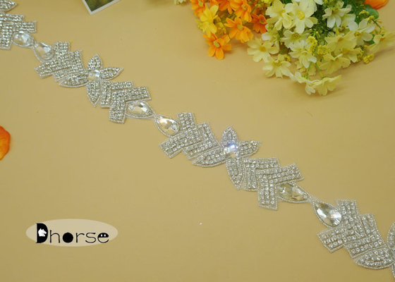 Silver Iron On Rhinestone Beaded Trim For Dresses , Rhinestone Trimming