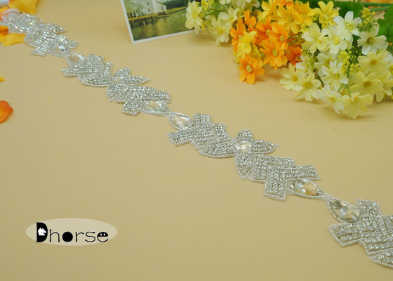 Silver Iron On Rhinestone Beaded Trim For Dresses , Rhinestone Trimming