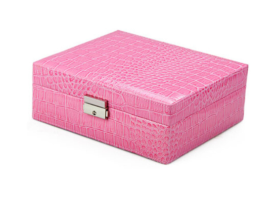 Full crocodile embossed leather 2 layer pink jewellery box for earrings , necklace