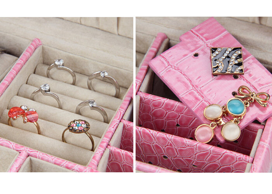 Full crocodile embossed leather 2 layer pink jewellery box for earrings , necklace