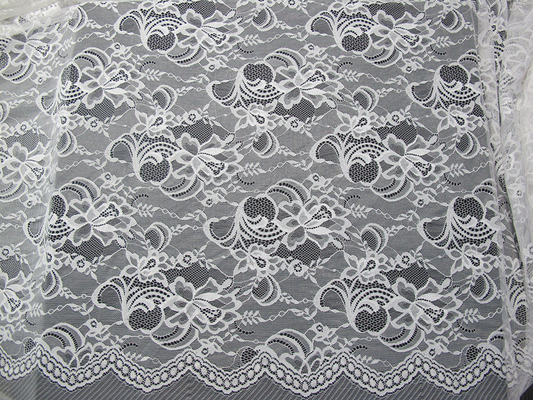 White Nylon Swiss Lace Fabric Floral Knitted With Border Lace and Scallop Edge