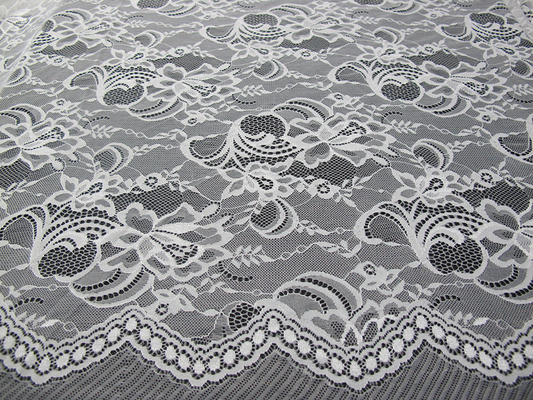 White Nylon Swiss Lace Fabric Floral Knitted With Border Lace and Scallop Edge
