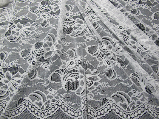 White Nylon Swiss Lace Fabric Floral Knitted With Border Lace and Scallop Edge