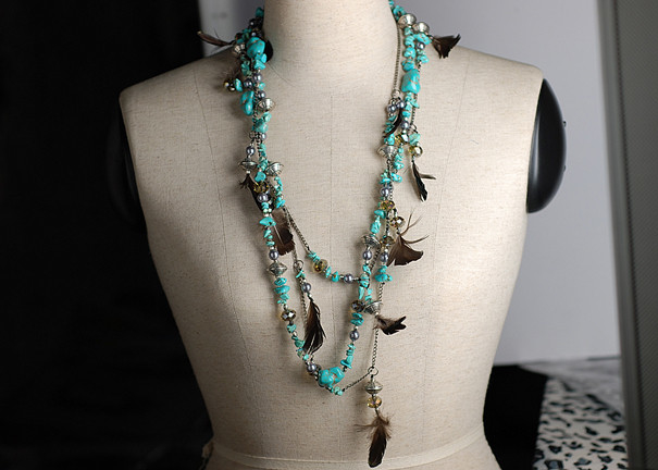 Female Feather Green Long Handmade Beaded Necklaces for Sweater