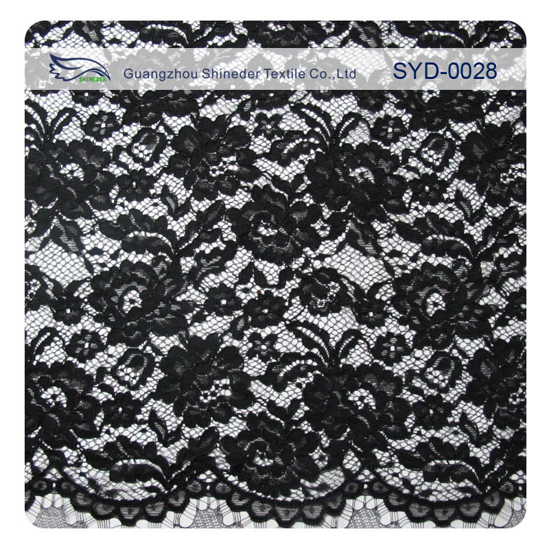 Edge Nylon Viscose Cord Lace Fabric , Black Floral Scalloped Lace Fabric