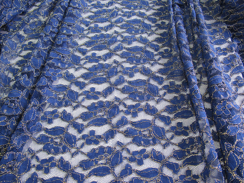 Royal Blue Cotton Nylon Gold Metallic Crochet Lace Fabric By The Yard
