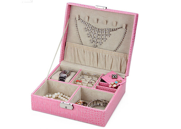 Full crocodile embossed leather 2 layer pink jewellery box for earrings , necklace