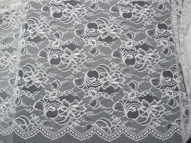 White Nylon Swiss Lace Fabric Floral Knitted With Border Lace and Scallop Edge